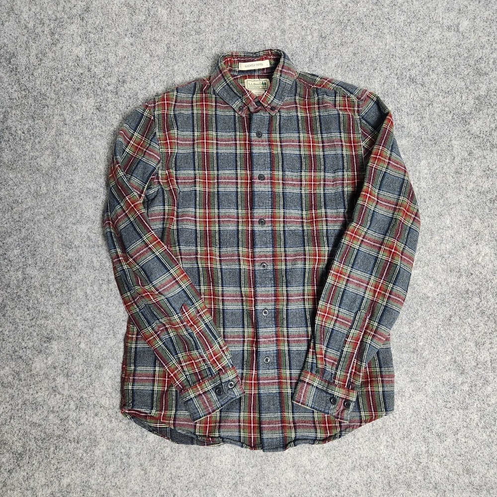 LL Bean Slightly Fitted Flannel Shirt Men‎ S Multicolor Scotch Plaid Long Sleeve